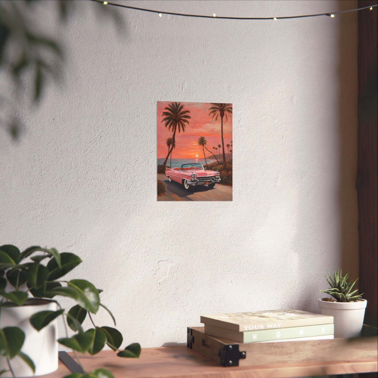 Retro Sunset Poster featuring a classic car under palm trees with a vibrant sunset background