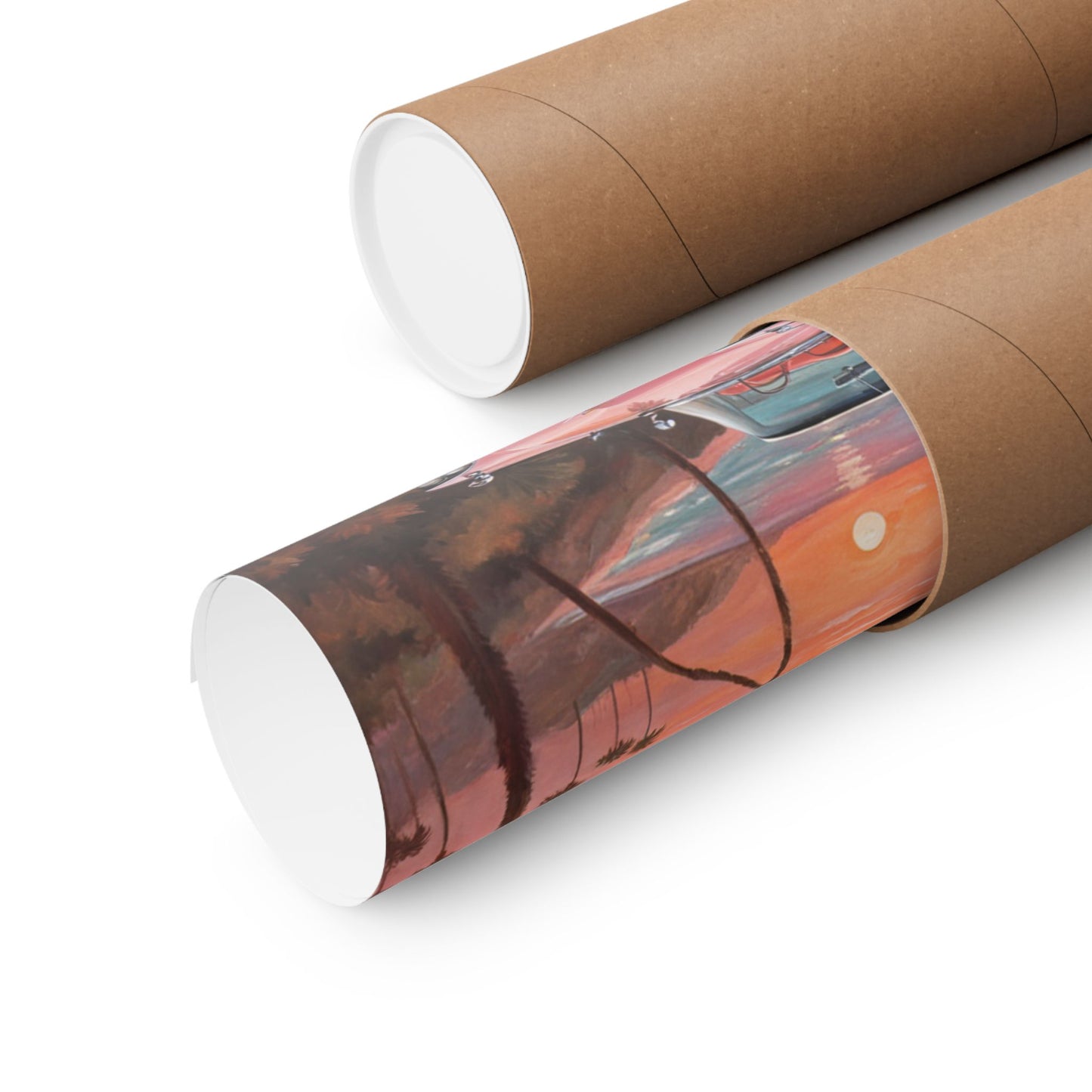 Retro Sunset Poster rolled up in cardboard tube for easy storage and transport from Printify