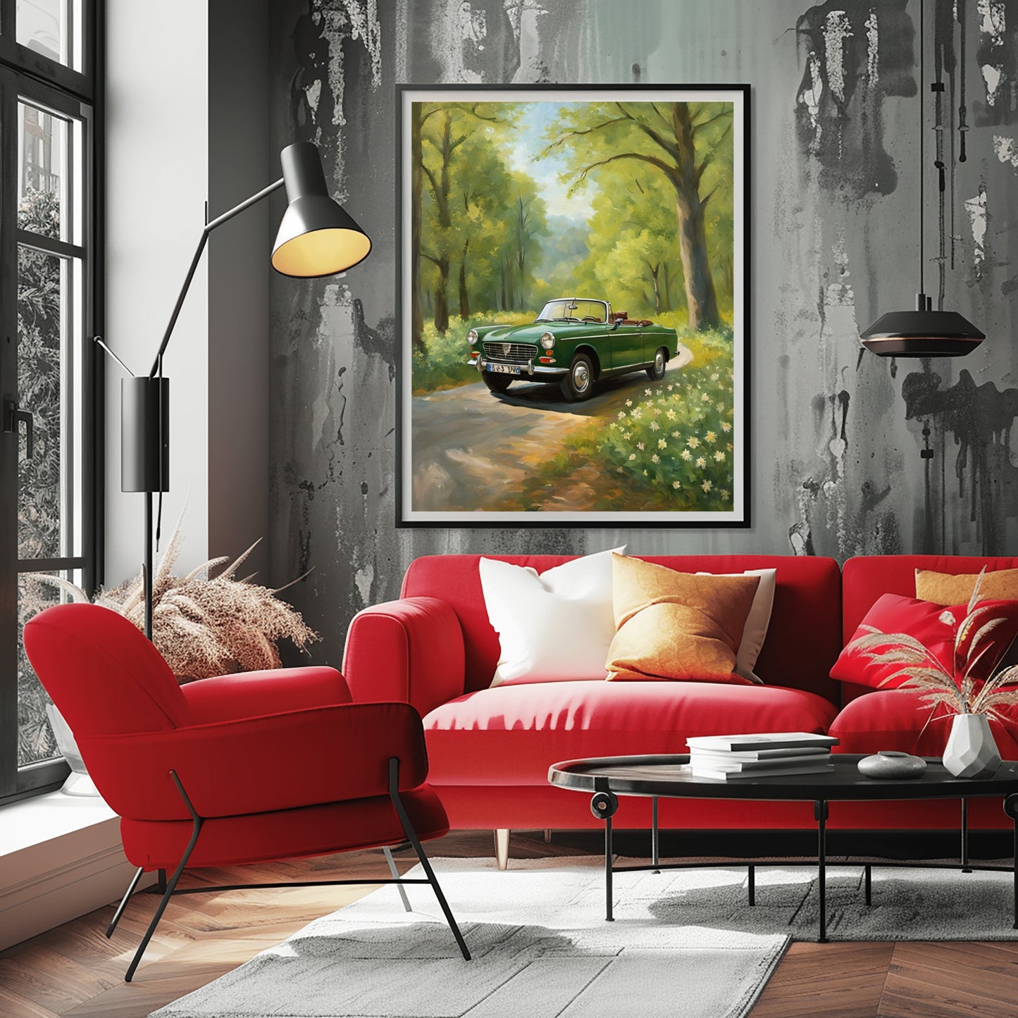 green vintage car art print framed above red sofa in stylish living room showing a classic car on a forest road