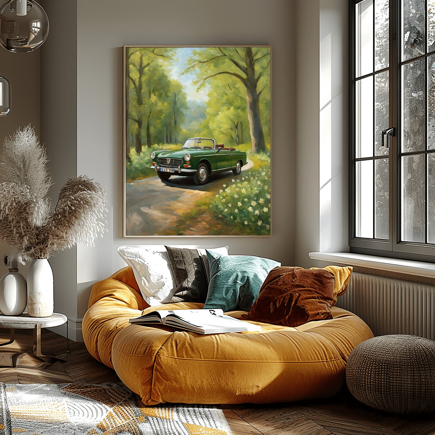 AquilVision digital green vintage car art print hanging in a sunlit living room above a mustard round lounge chair