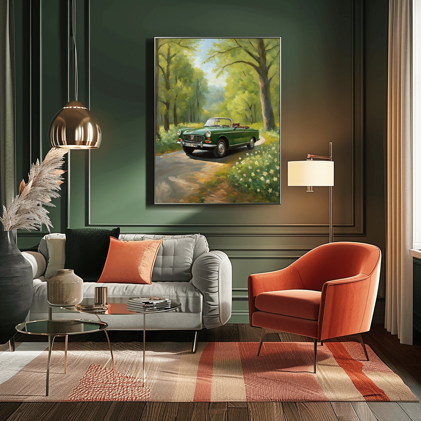 AquilVision digital green vintage car art print framed above sofa showing convertible on sunlit forest road