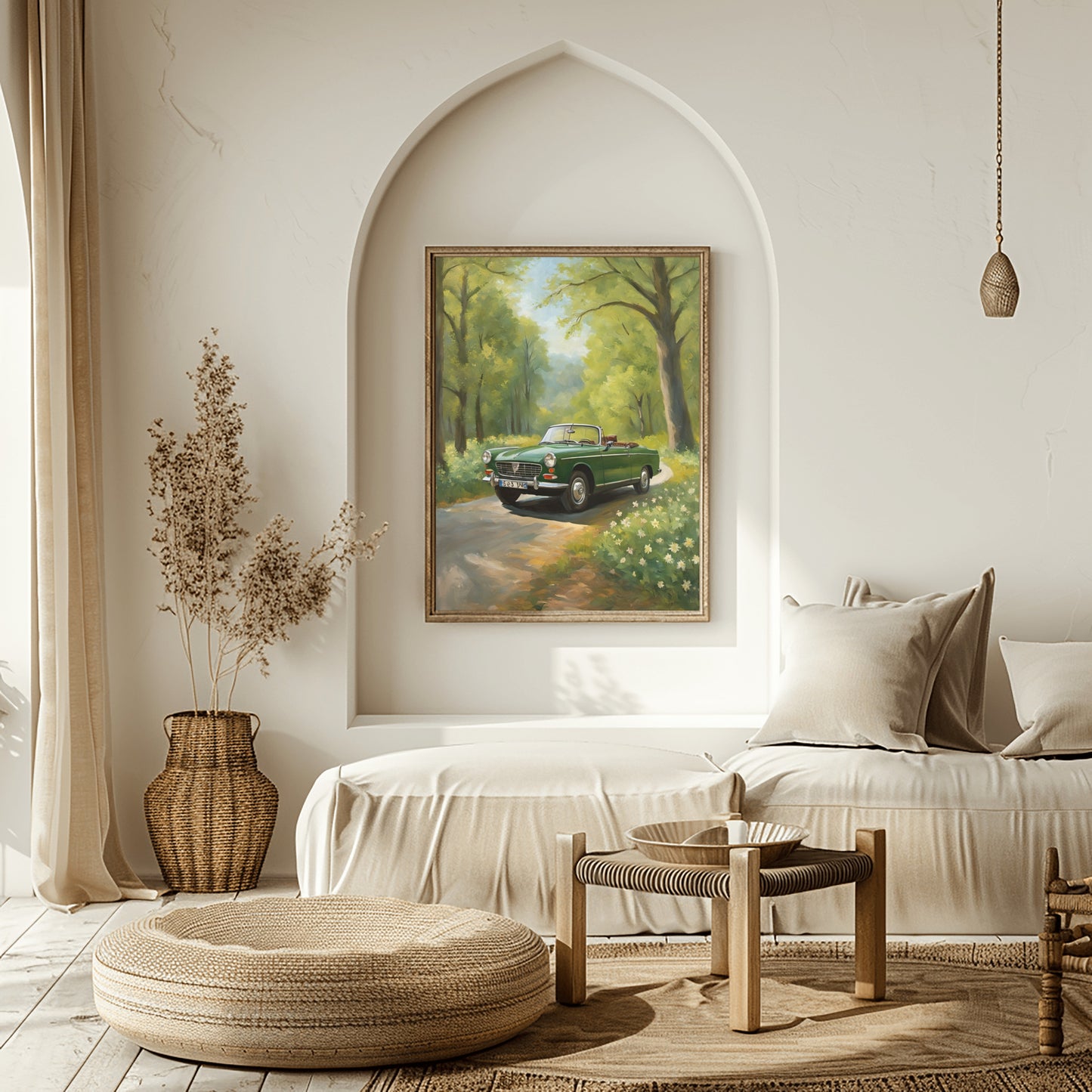 AquilVision green vintage car art print framed on wall in a sunlit boho living room above a neutral daybed
