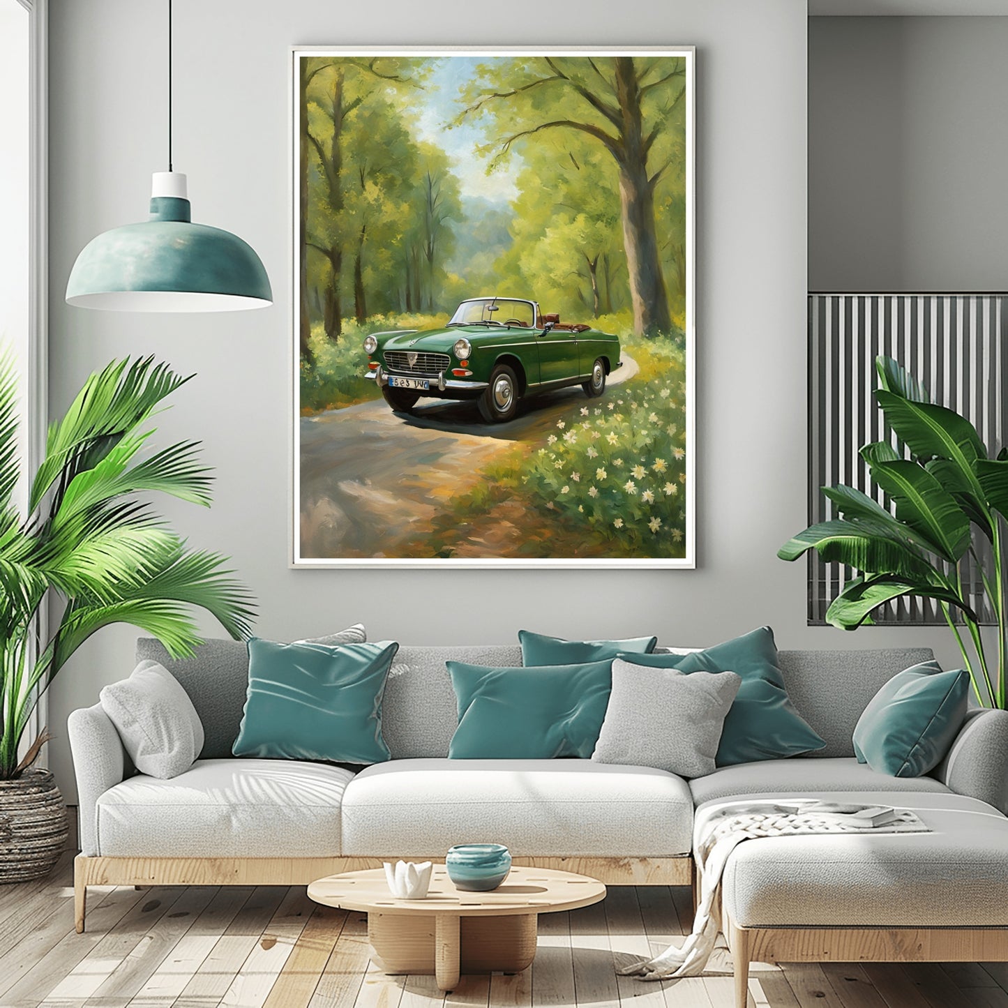 AquilVision green vintage car art print framed above modern living room sofa showing convertible on forest road