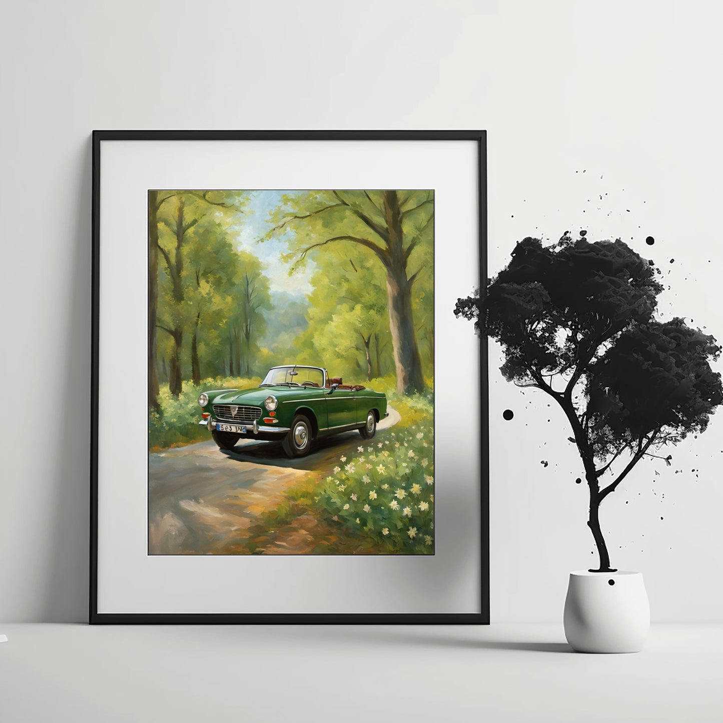 AquilVision green vintage car art print framed digital poster of convertible on a sunlit forest road