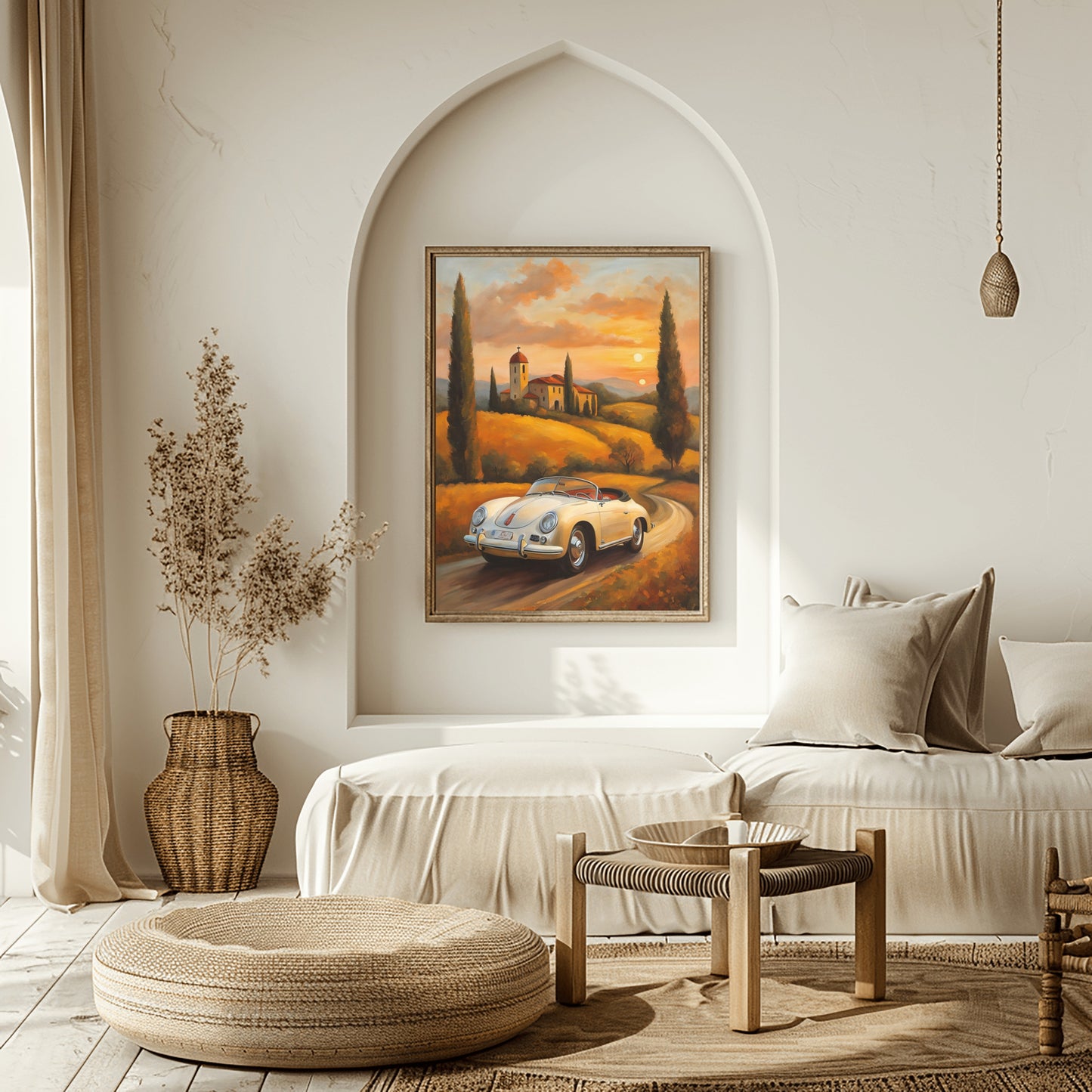Roadster oil painting for living room showing vintage car on winding path with sunset background
