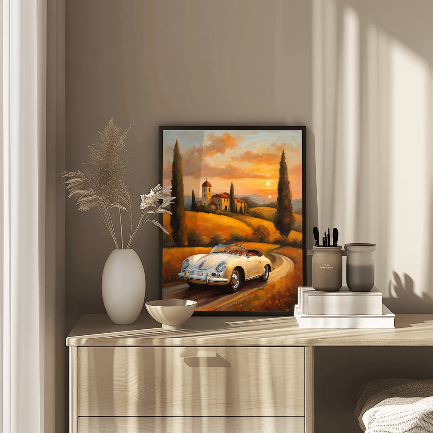 Roadster oil painting for living room showing vintage car on country road with sunset background