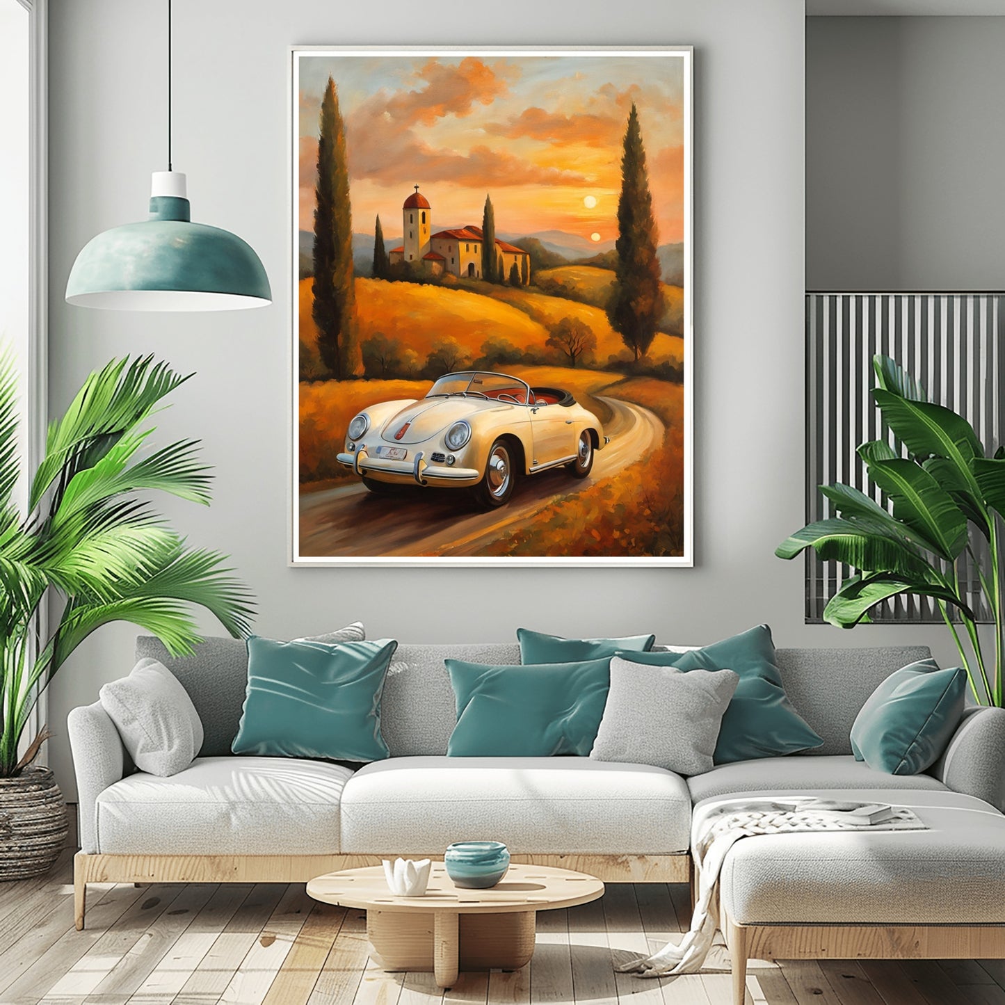 AquilVision roadster oil painting for living room depicting a classic car on a winding countryside road at sunset