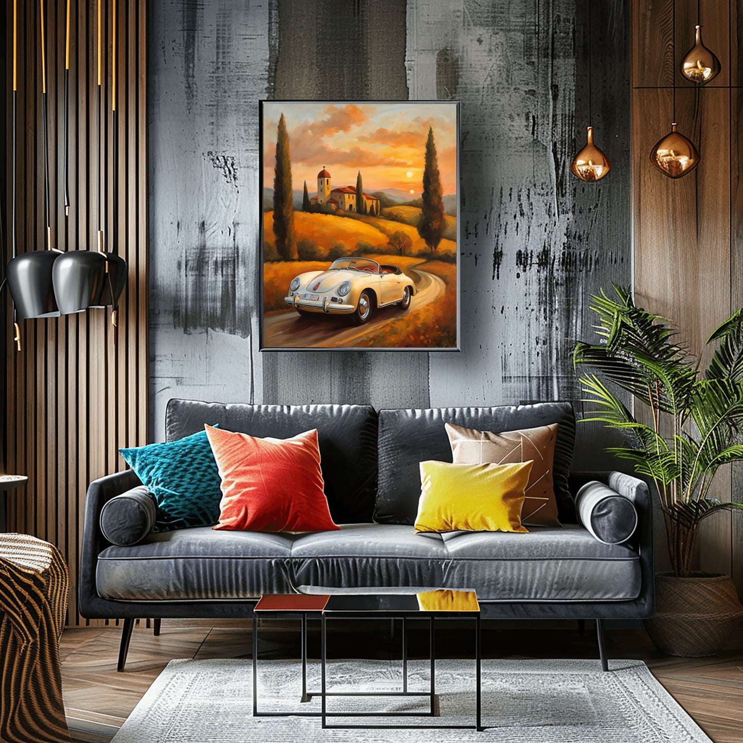 AquilVision roadster oil painting for living room displayed above a modern gray sofa with colorful pillows