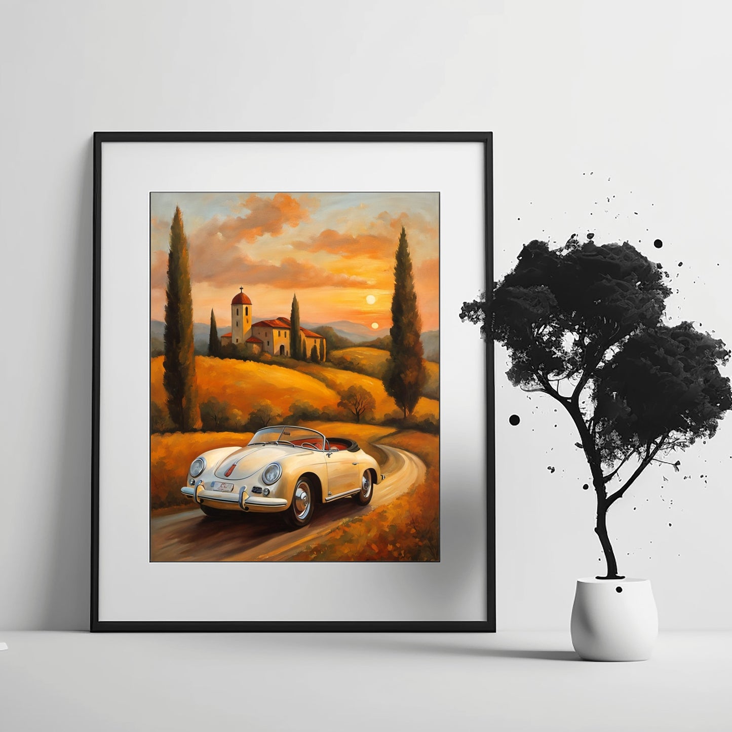 AquilVision roadster oil painting for living room showing a vintage car on a winding countryside road at sunset