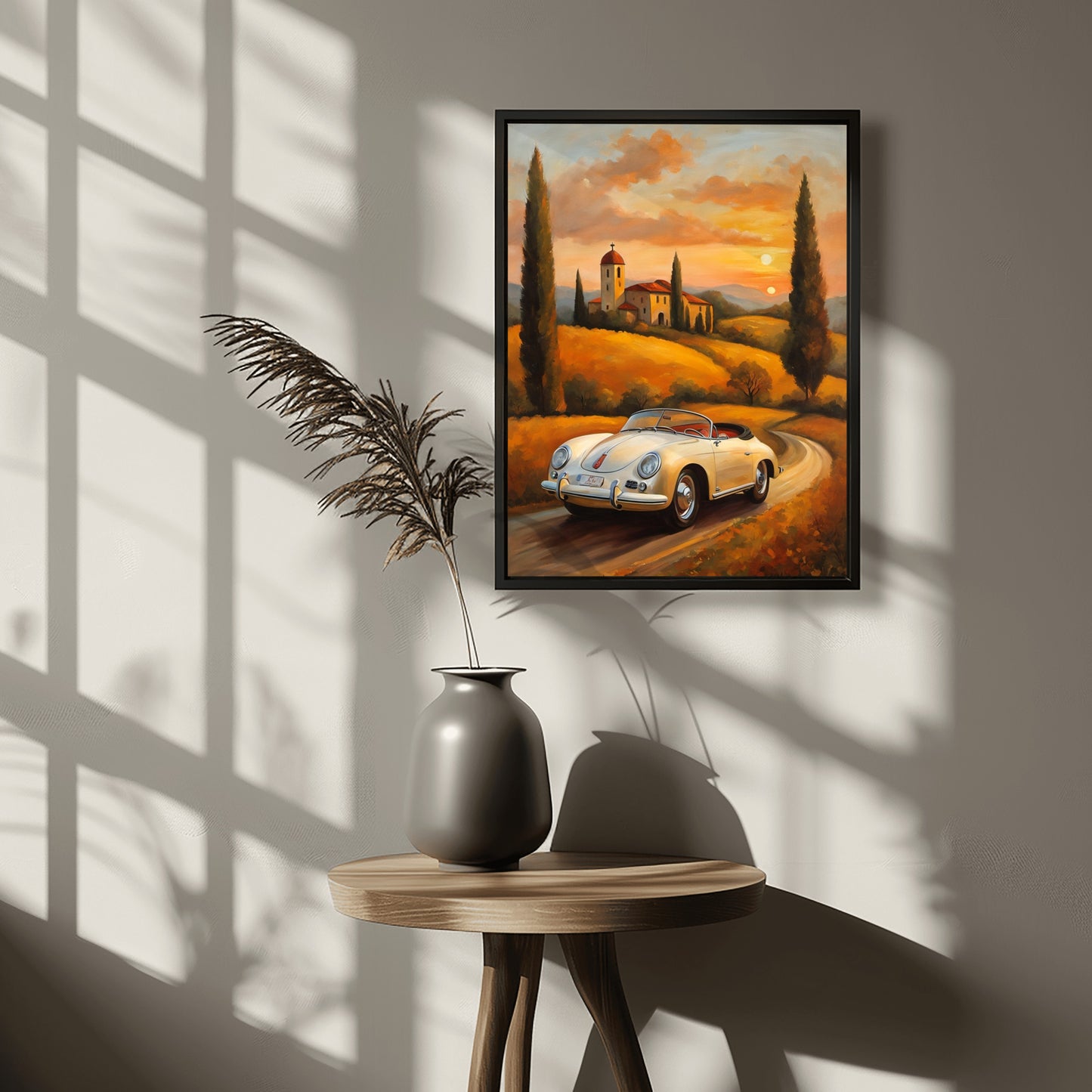 Roadster oil painting for living room showing a vintage car on a winding road with sunset background