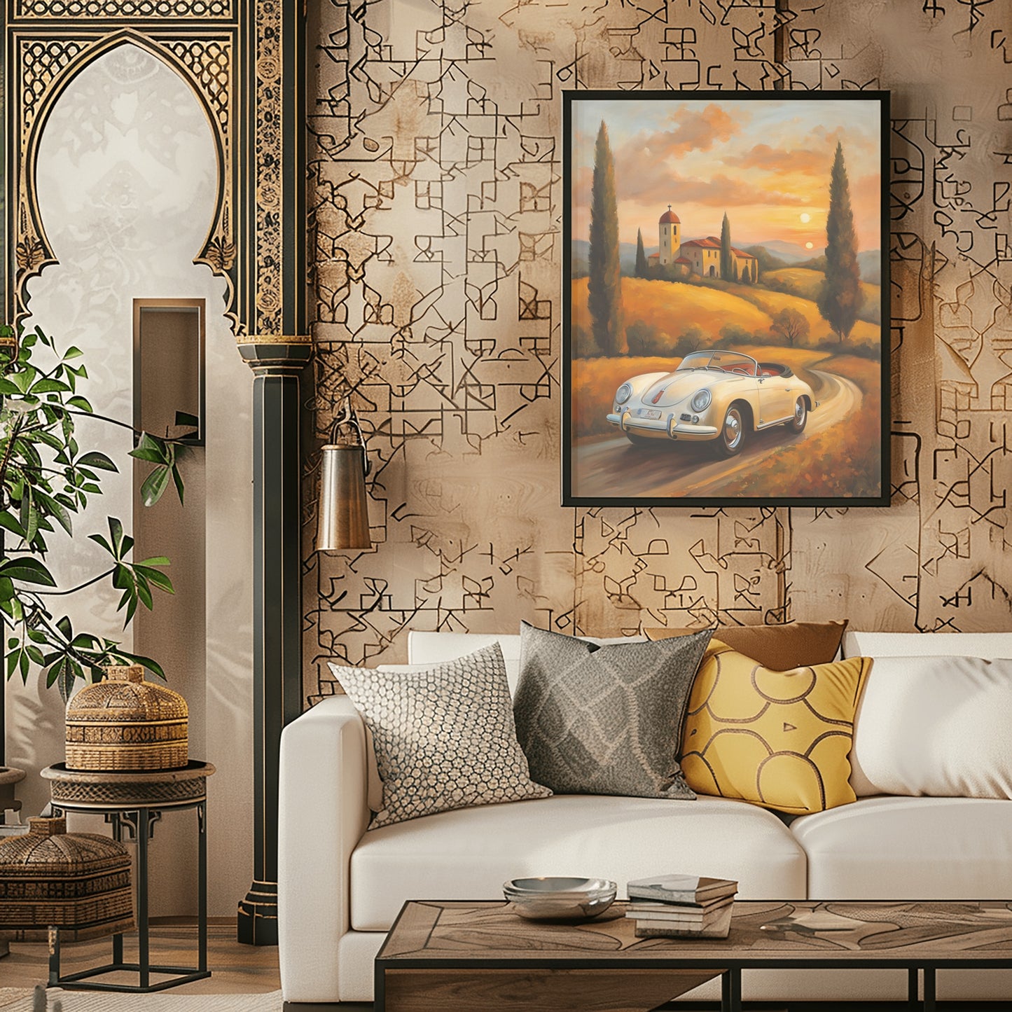 Framed roadster oil painting for living room featuring a vintage car on a scenic countryside road above a white sofa