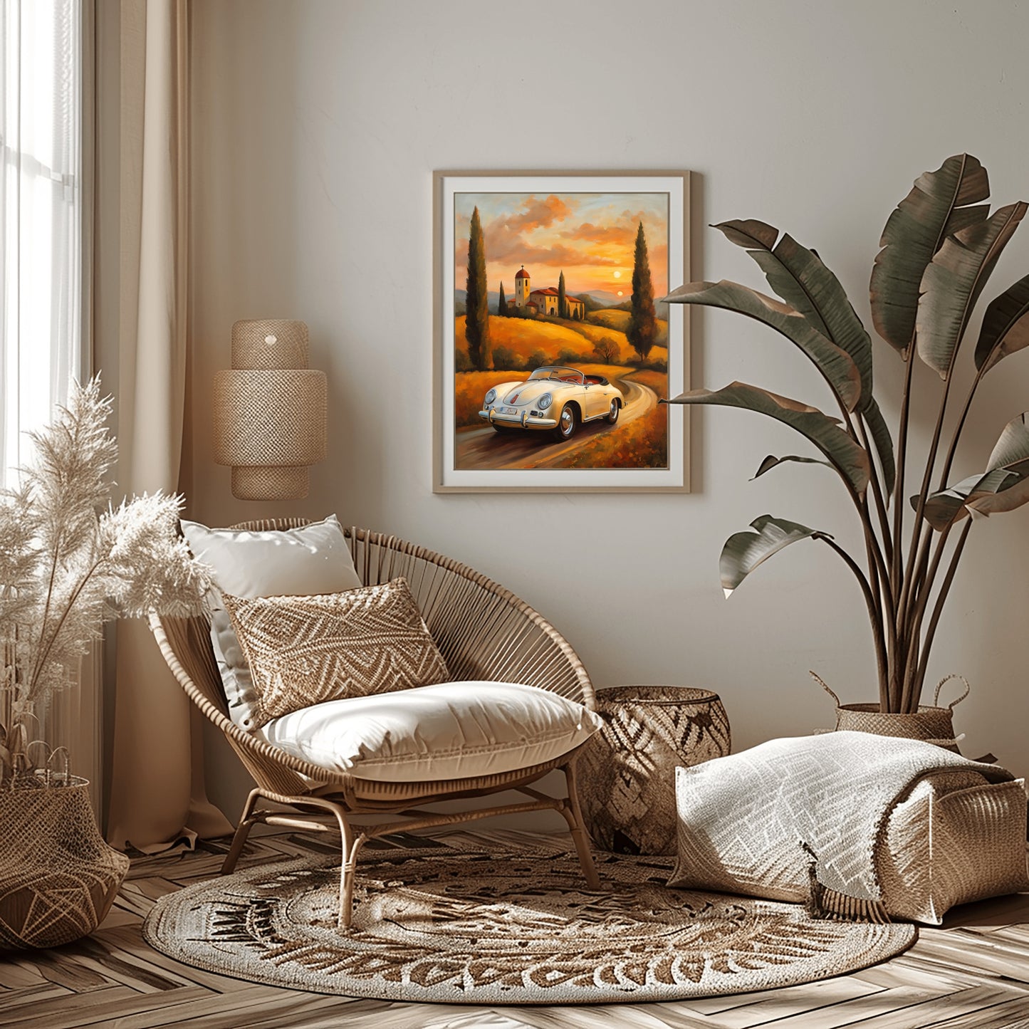 AquilVision roadster oil painting for living room displayed above a wicker chair in a cozy neutral-toned space