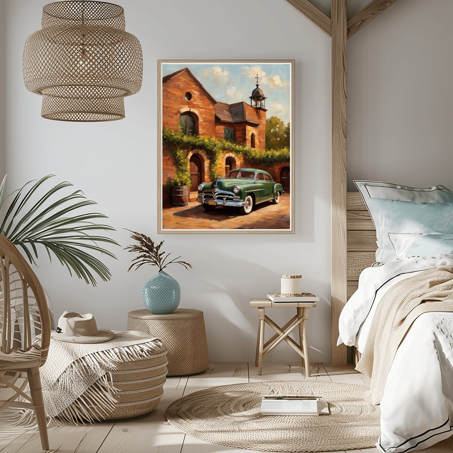 rustic brick wine cellar artwork featuring vintage car displayed in cozy modern bedroom
