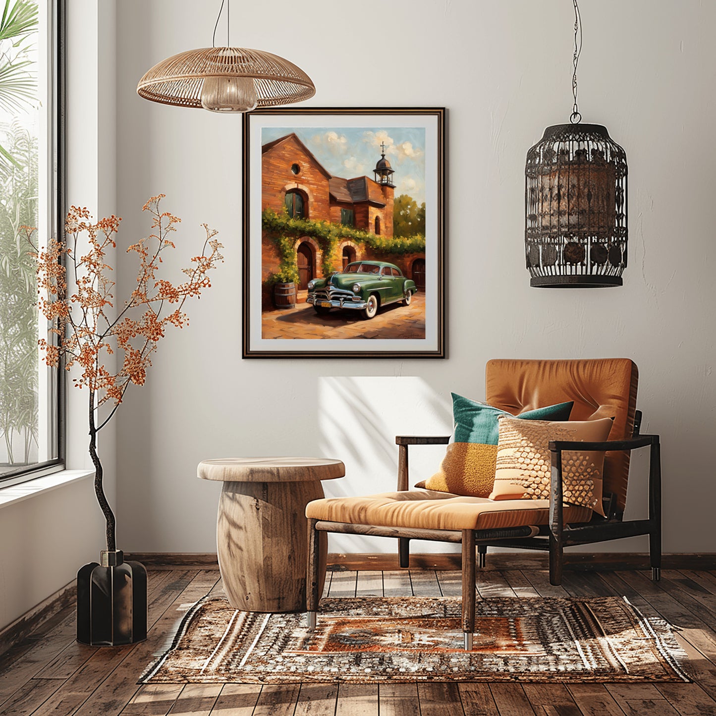 Rustic brick wine cellar artwork framed and hung in a cozy modern living room with wooden furniture