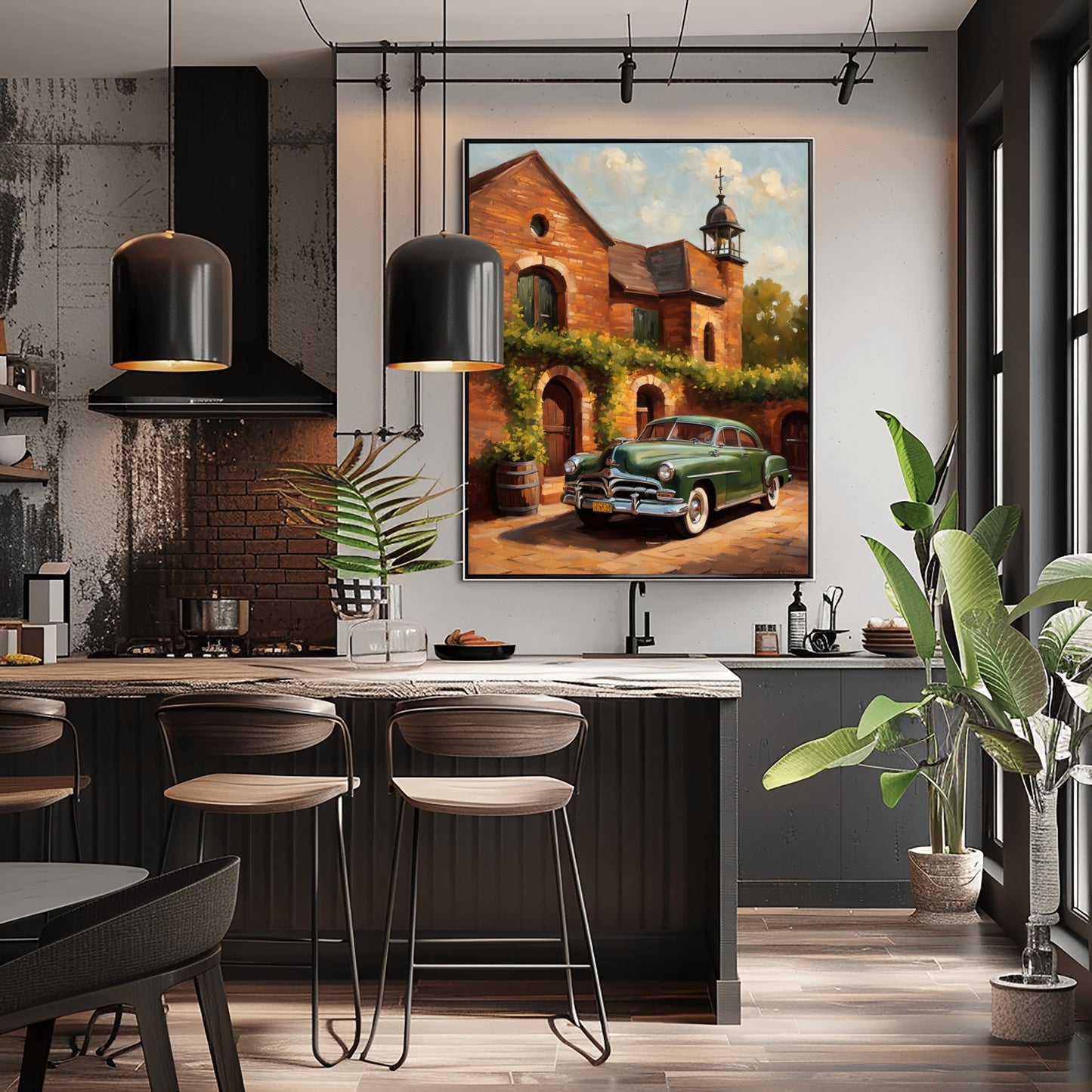 Rustic brick wine cellar artwork by AquilVision displayed in modern kitchen with bar stools and plants