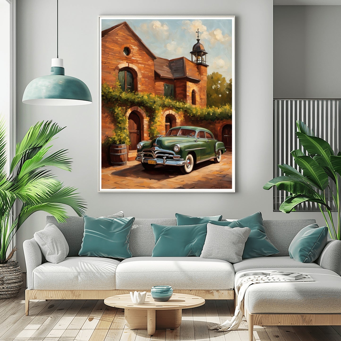 Rustic brick wine cellar artwork featuring a vintage car and ivy, displayed in a modern living room