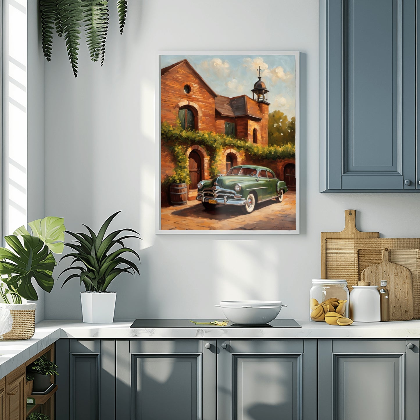 Rustic brick wine cellar artwork featuring a vintage green car displayed in a modern kitchen