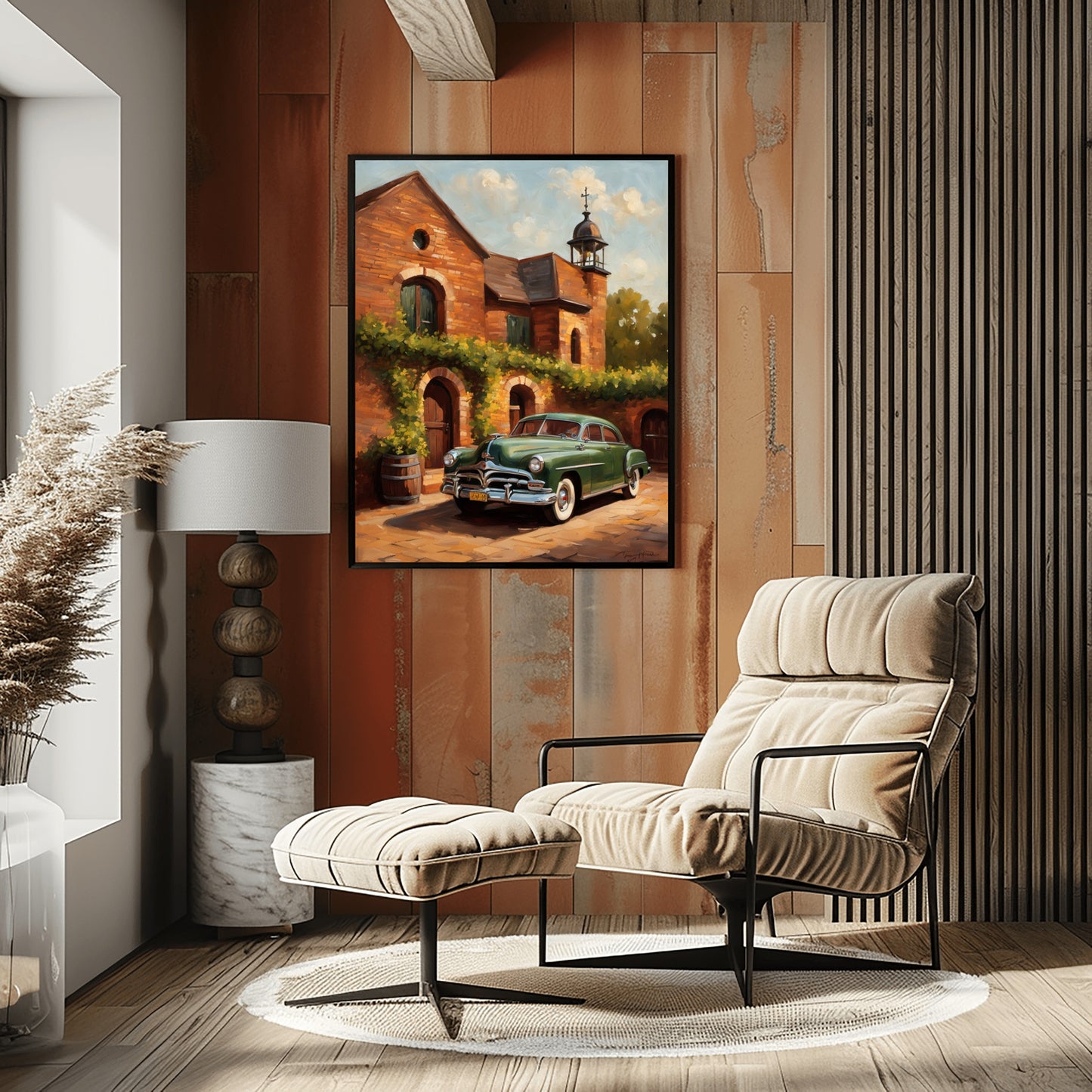 Rustic brick wine cellar artwork by AquilVision hanging on living room wall above modern beige lounge chair