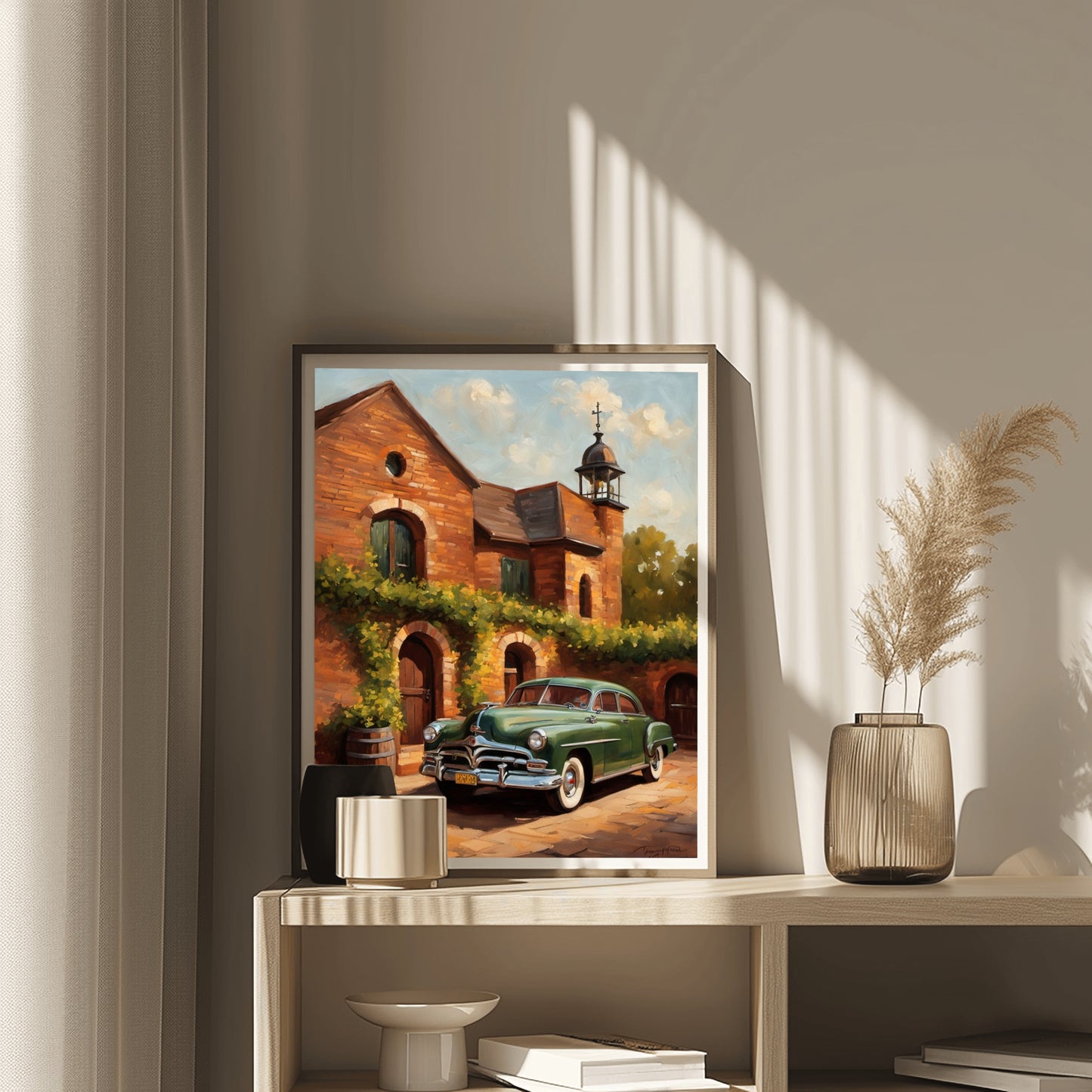 Rustic brick wine cellar artwork featuring a vintage green car and warm sunlight in a cozy setting