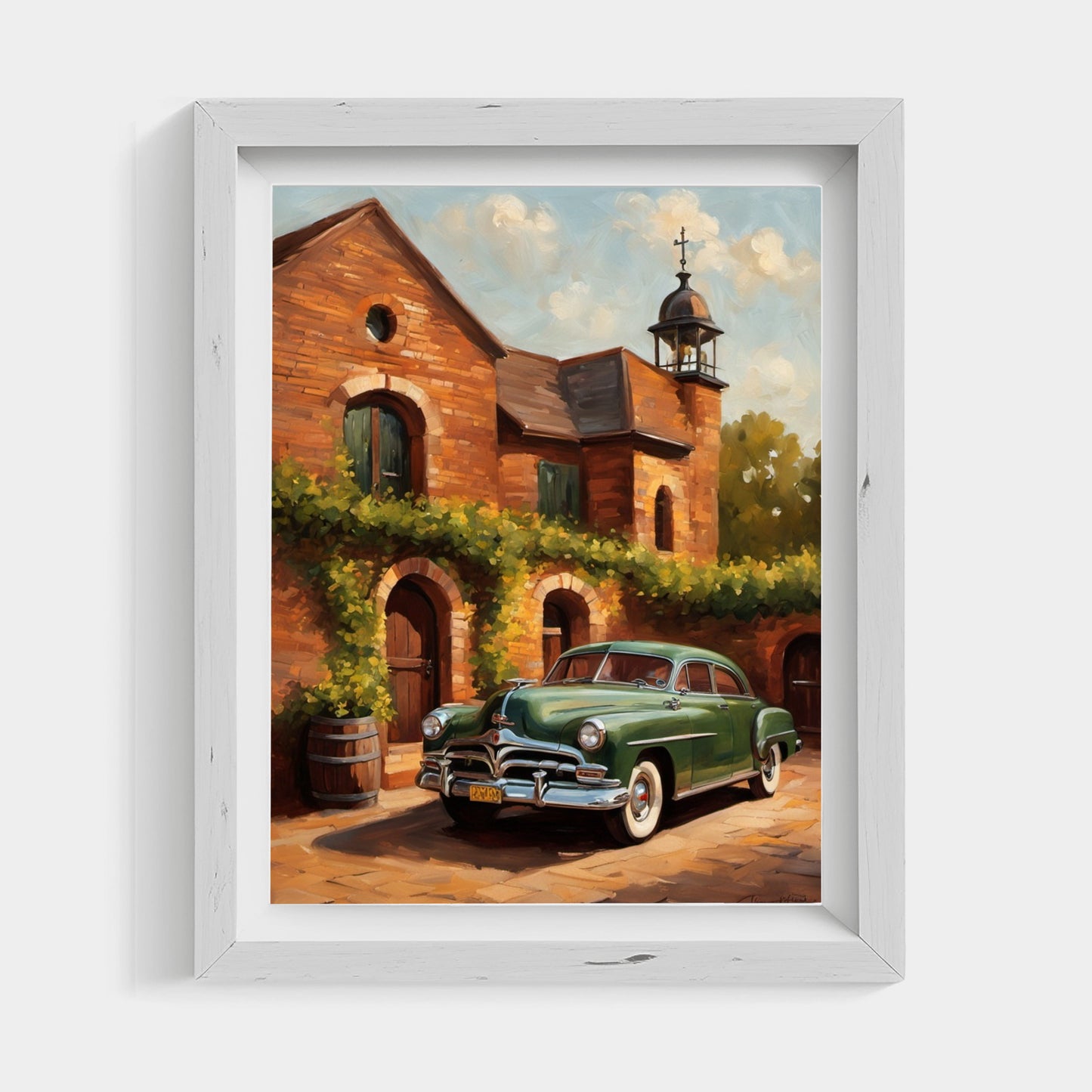 AquilVision rustic brick wine cellar artwork featuring a vintage green car and brick building with greenery