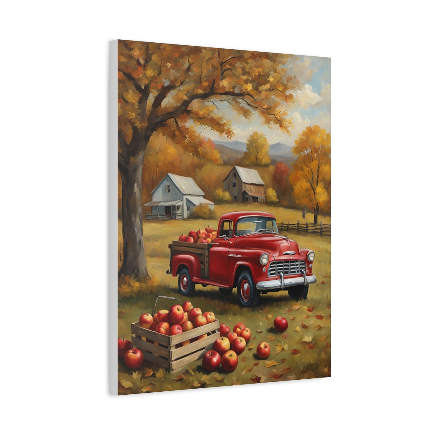 Rustic Farmhouse Art depicting a red vintage truck in an autumn apple orchard scene