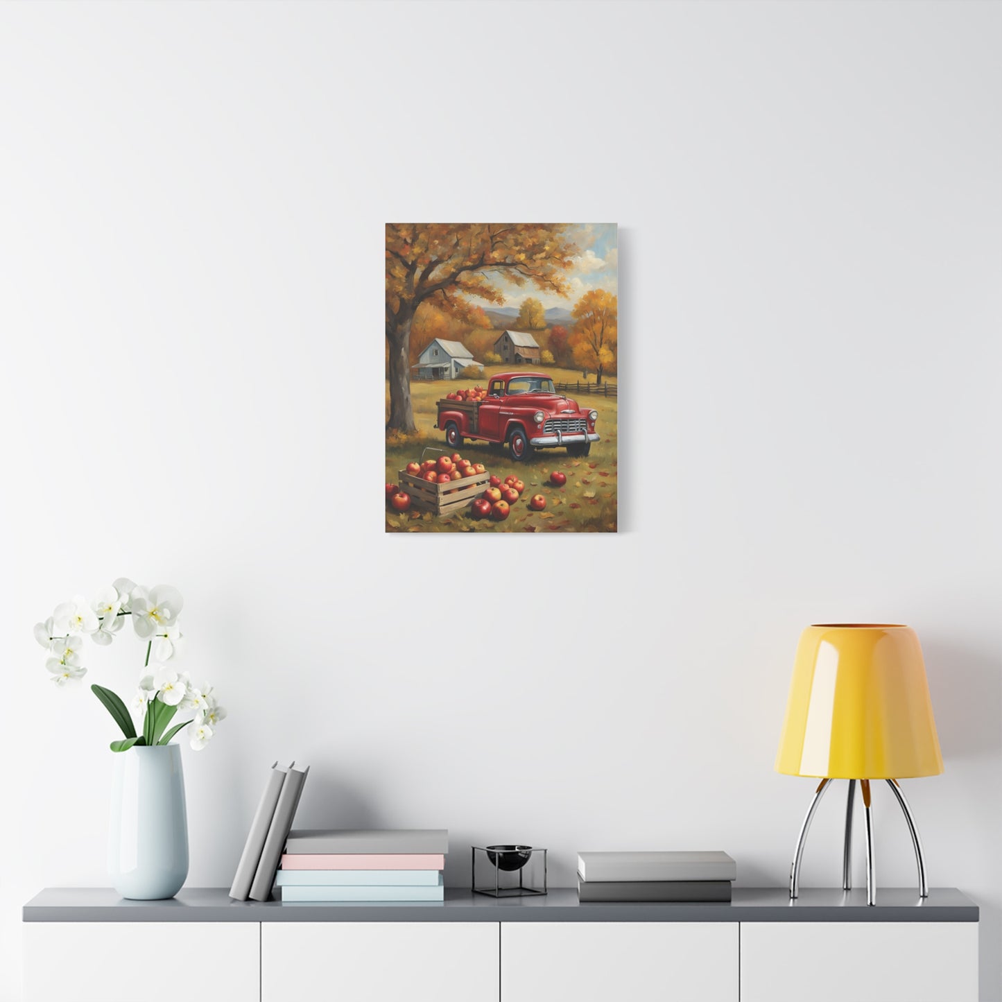 Rustic Farmhouse Art featuring a vintage red truck under autumn trees with a cozy home backdrop