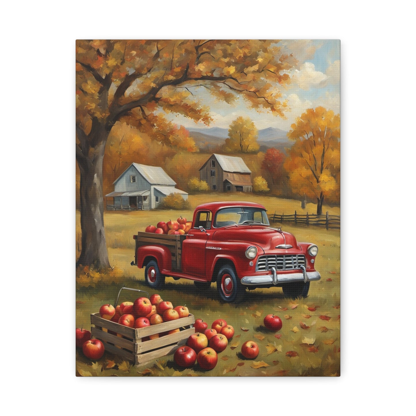 Rustic Farmhouse Art featuring a red vintage truck in an autumn orchard with apples and country houses