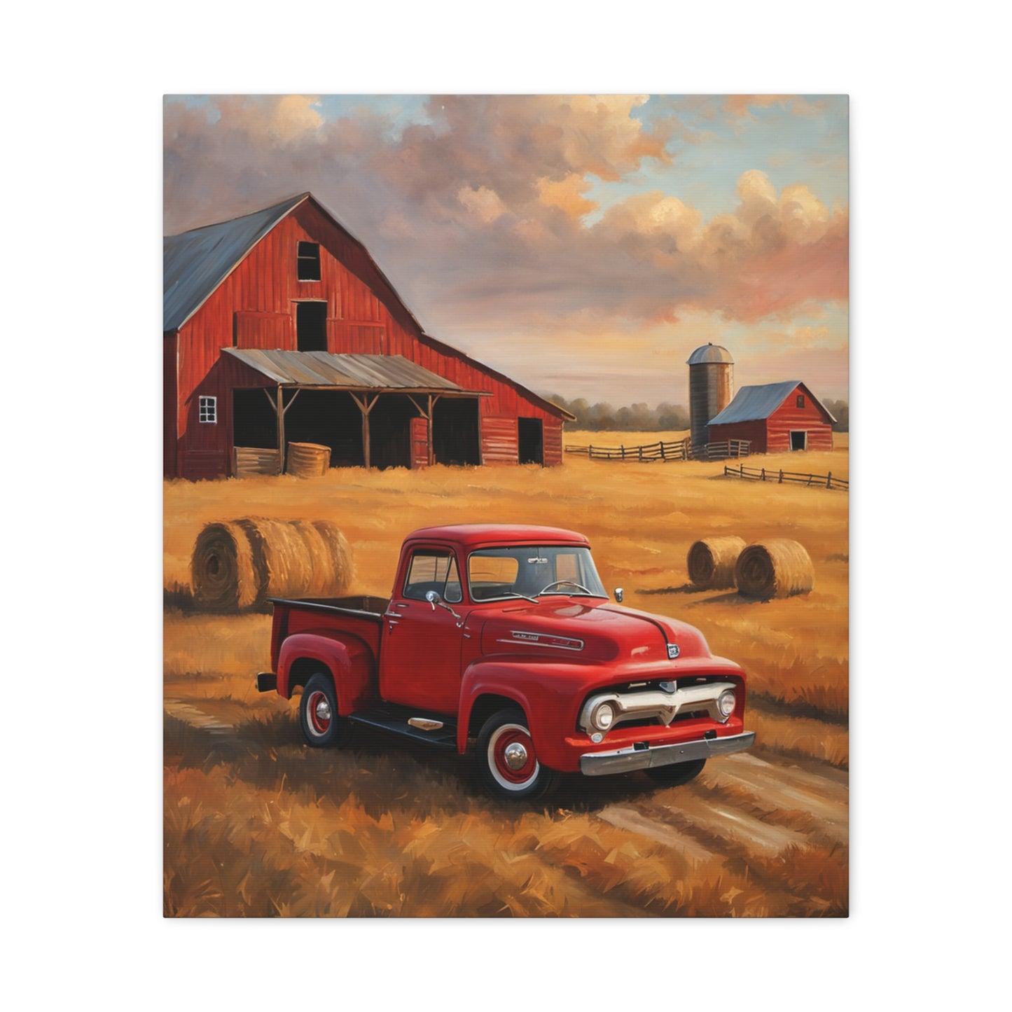 Rustic Farmhouse Canvas featuring a red vintage truck near a barn and hay bales