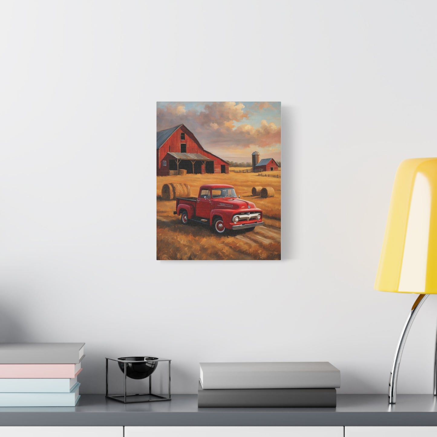 Rustic Farmhouse Canvas featuring a red truck and a barn in a golden field