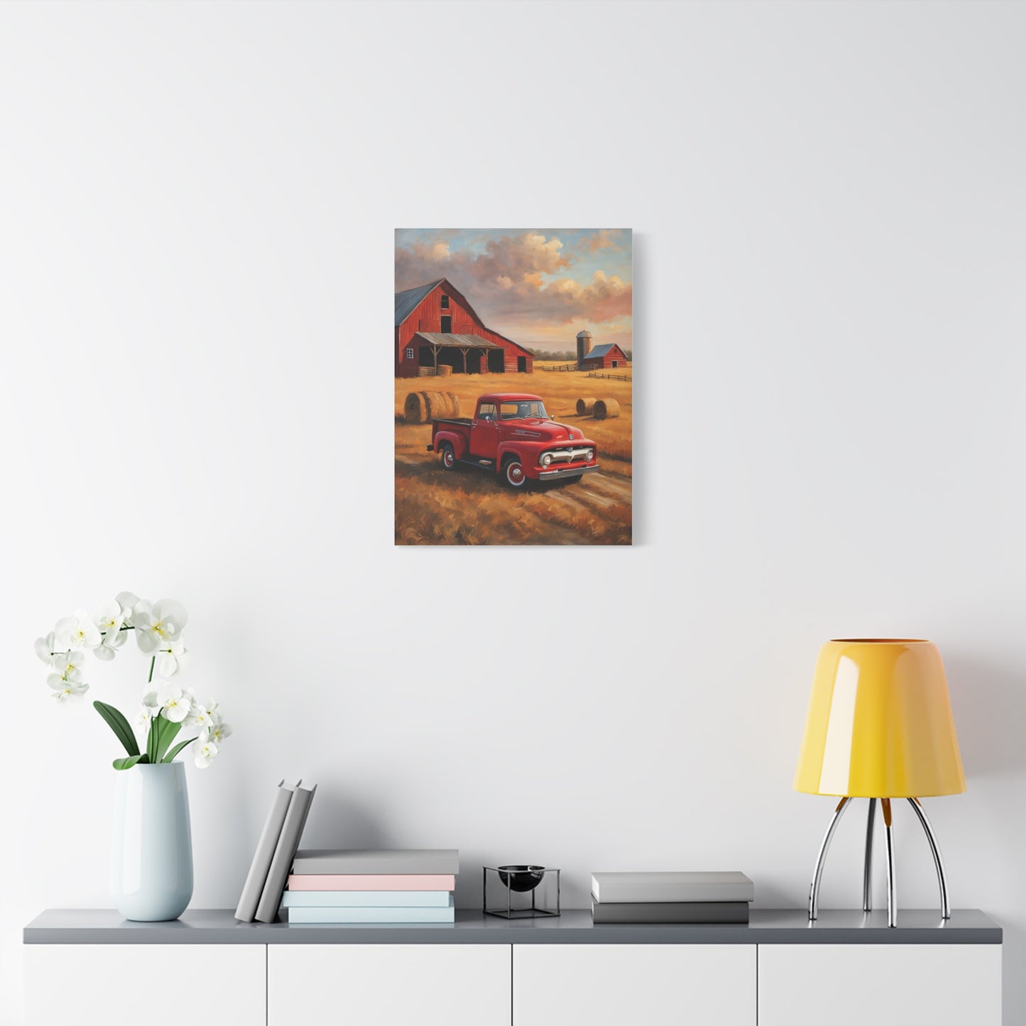 Rustic Farmhouse Canvas featuring a vintage truck and barn landscape painting for home decor