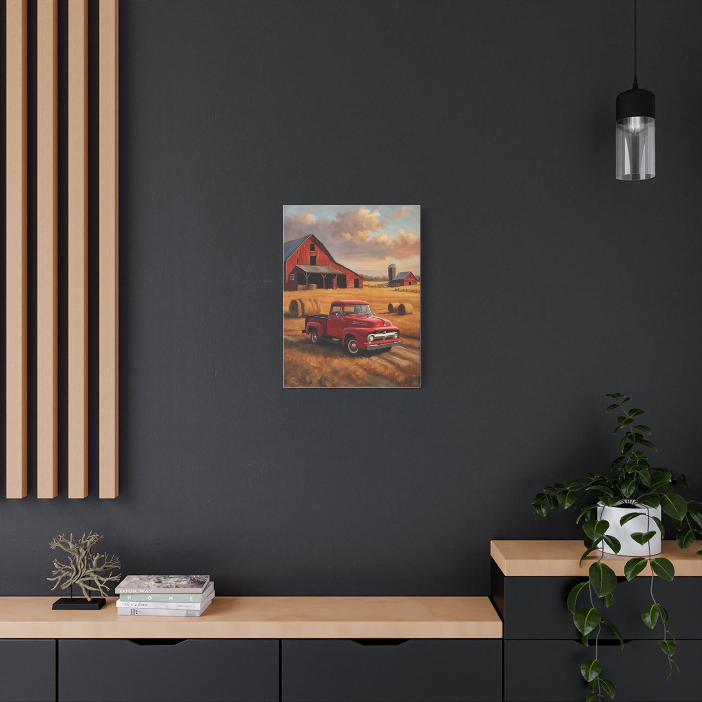 Rustic Farmhouse Canvas featuring a vintage red truck and barn in a scenic field setting