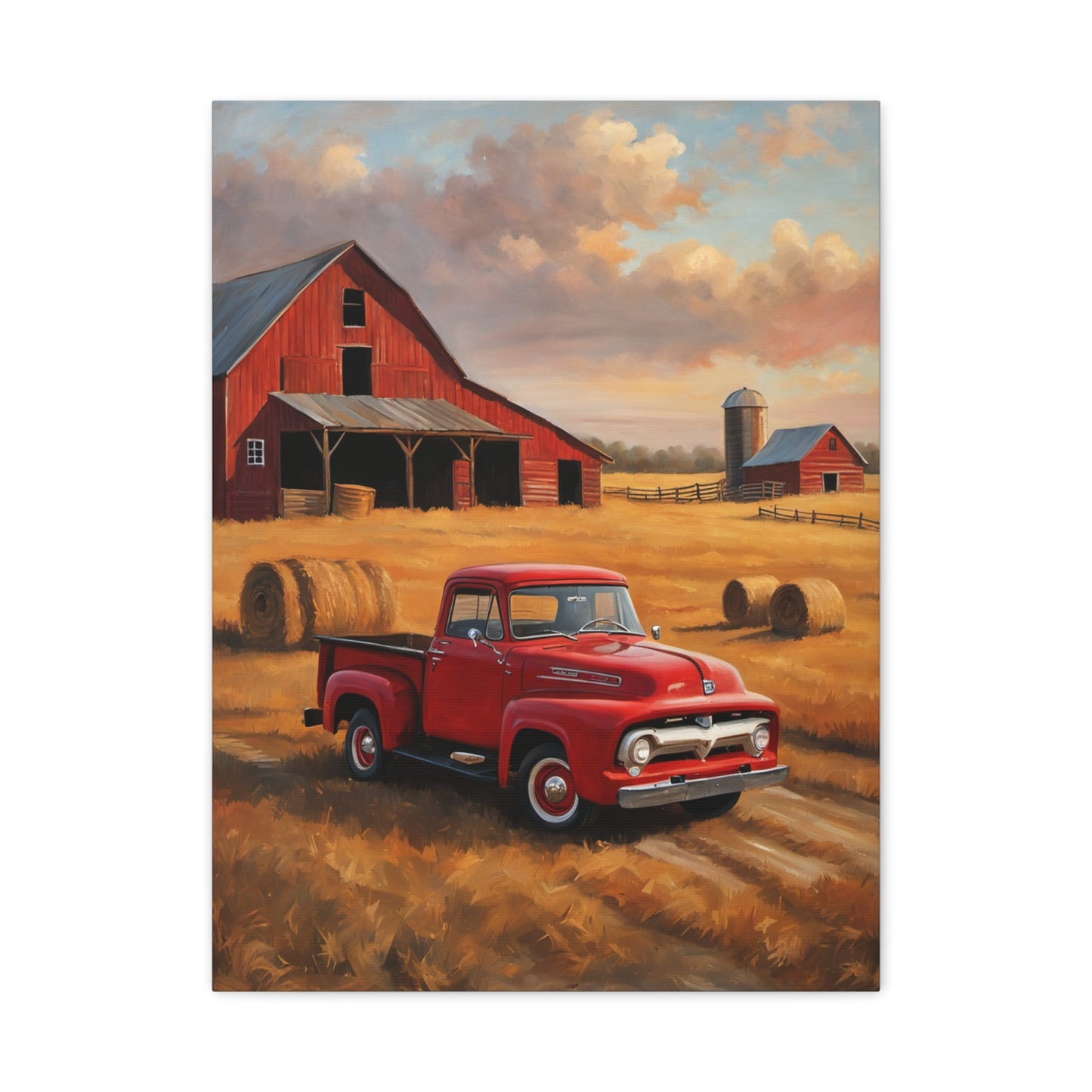 Rustic Farmhouse Canvas featuring a red vintage truck in a golden field with barn and hay bales