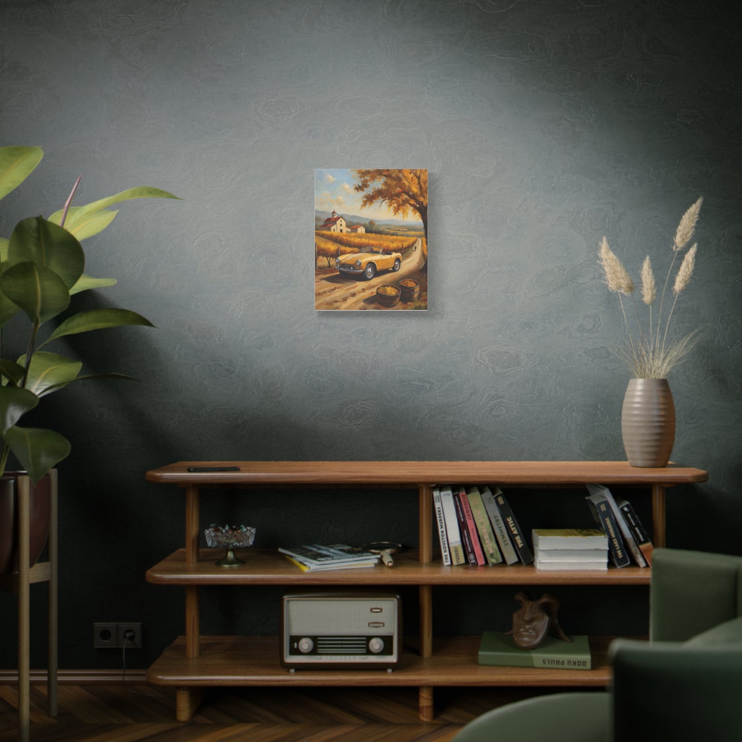 Rustic Farmhouse Canvas Wall Art featuring a serene autumn landscape with a vintage car