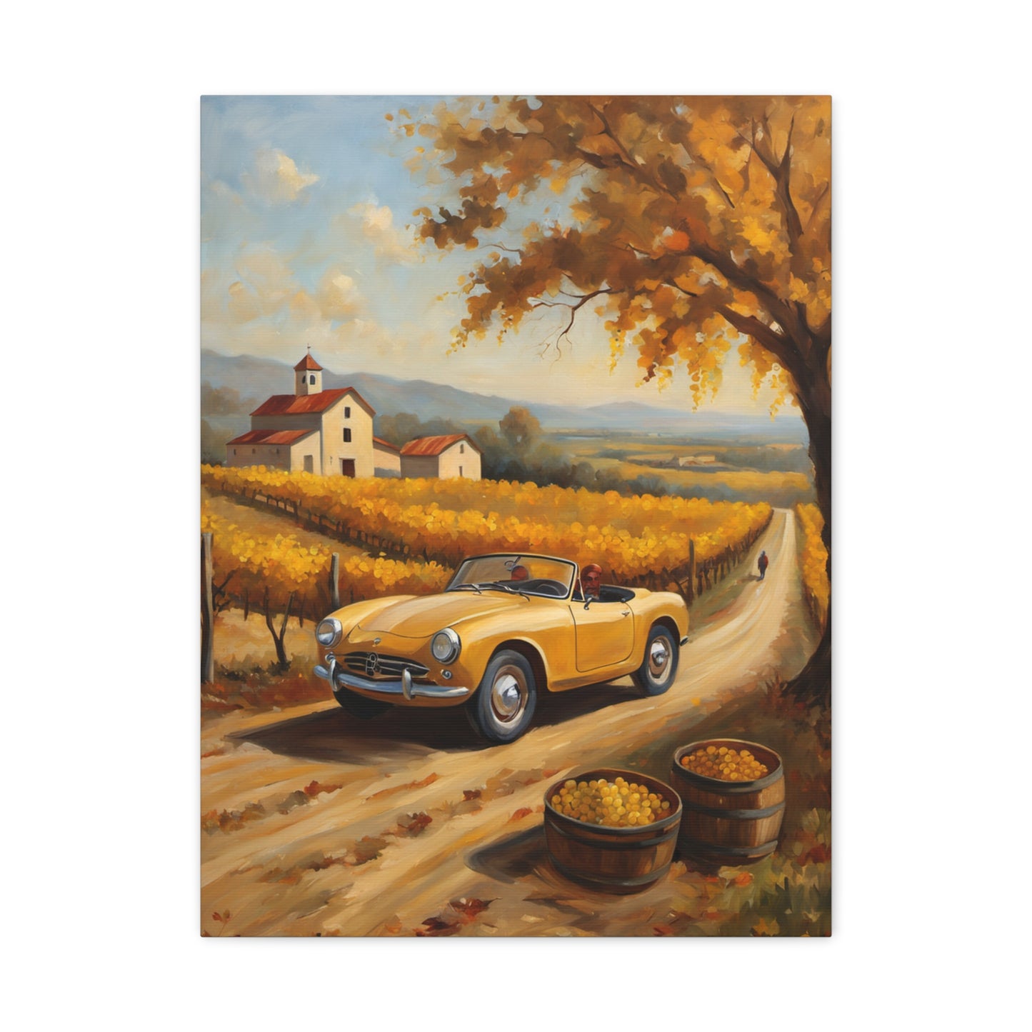 Rustic Farmhouse Canvas Wall Art featuring a vintage yellow car and autumn vineyards