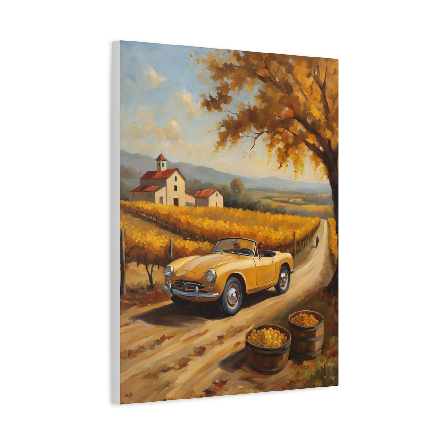 Rustic Farmhouse Canvas Wall Art featuring a vintage yellow car driving through vineyards with autumn leaves