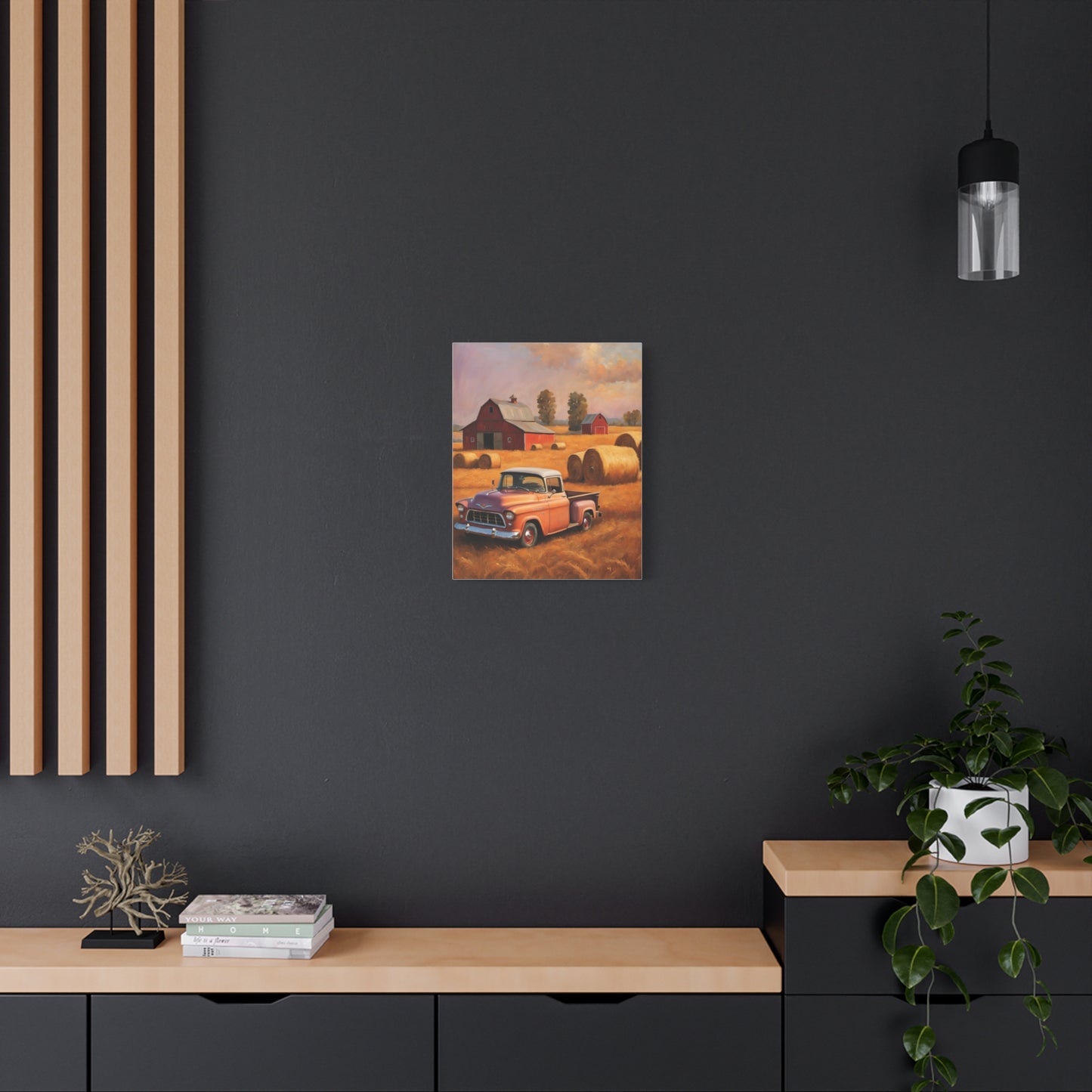 Rustic Farmhouse Wall Art featuring a vibrant farm scene with a red truck and fields