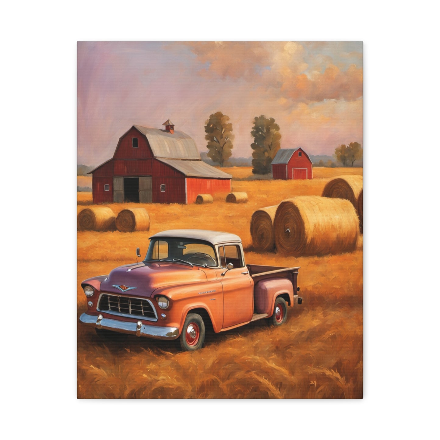 Rustic Farmhouse Wall Art featuring a vintage truck in a golden hayfield with red barns