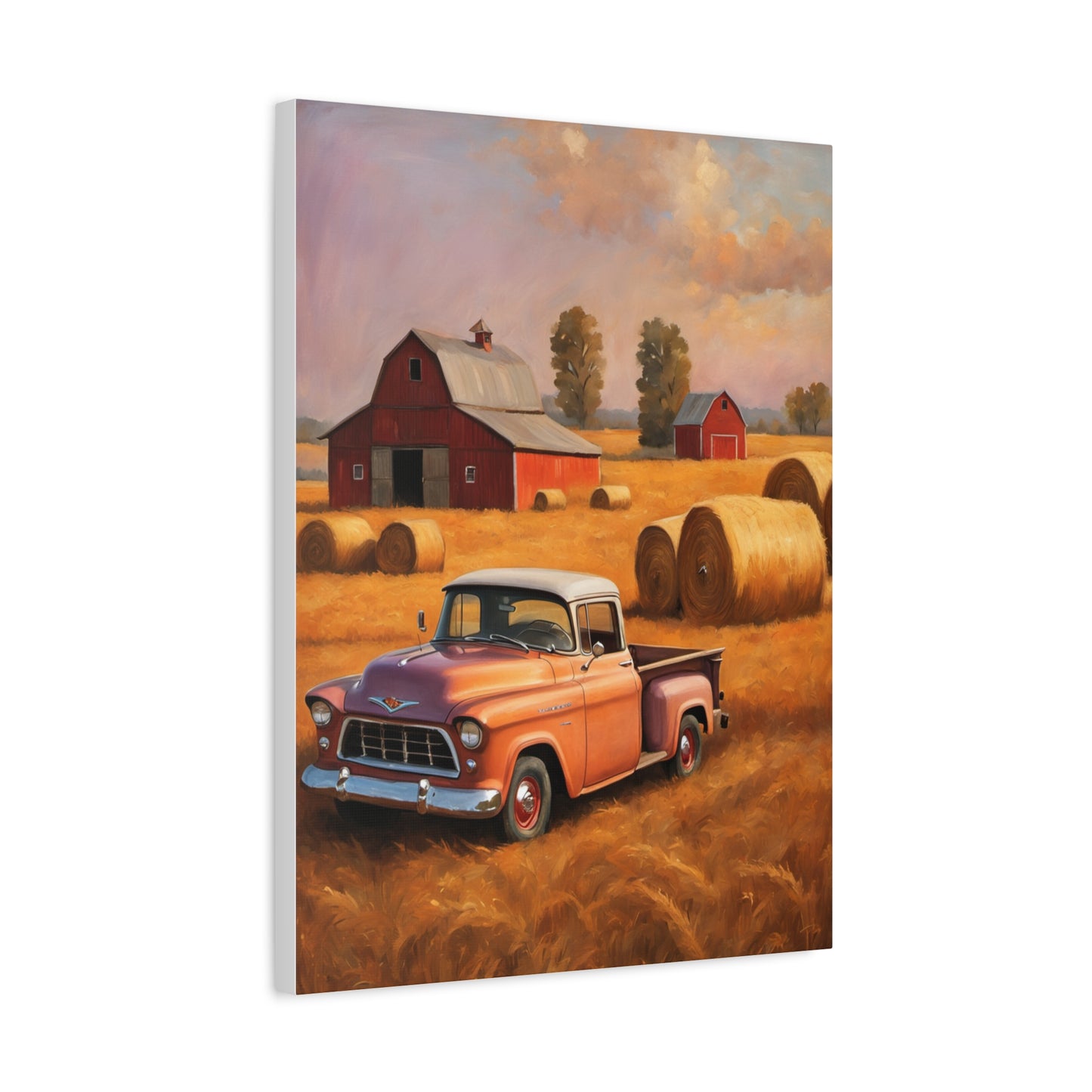 Rustic Farmhouse Wall Art featuring a vintage truck near barns and hay bales in a golden field