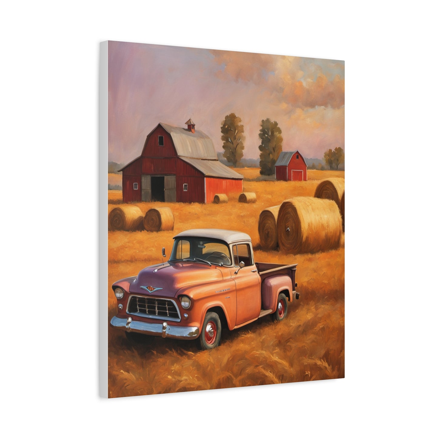 Rustic Farmhouse Wall Art featuring a vintage truck in a hay field with red barns