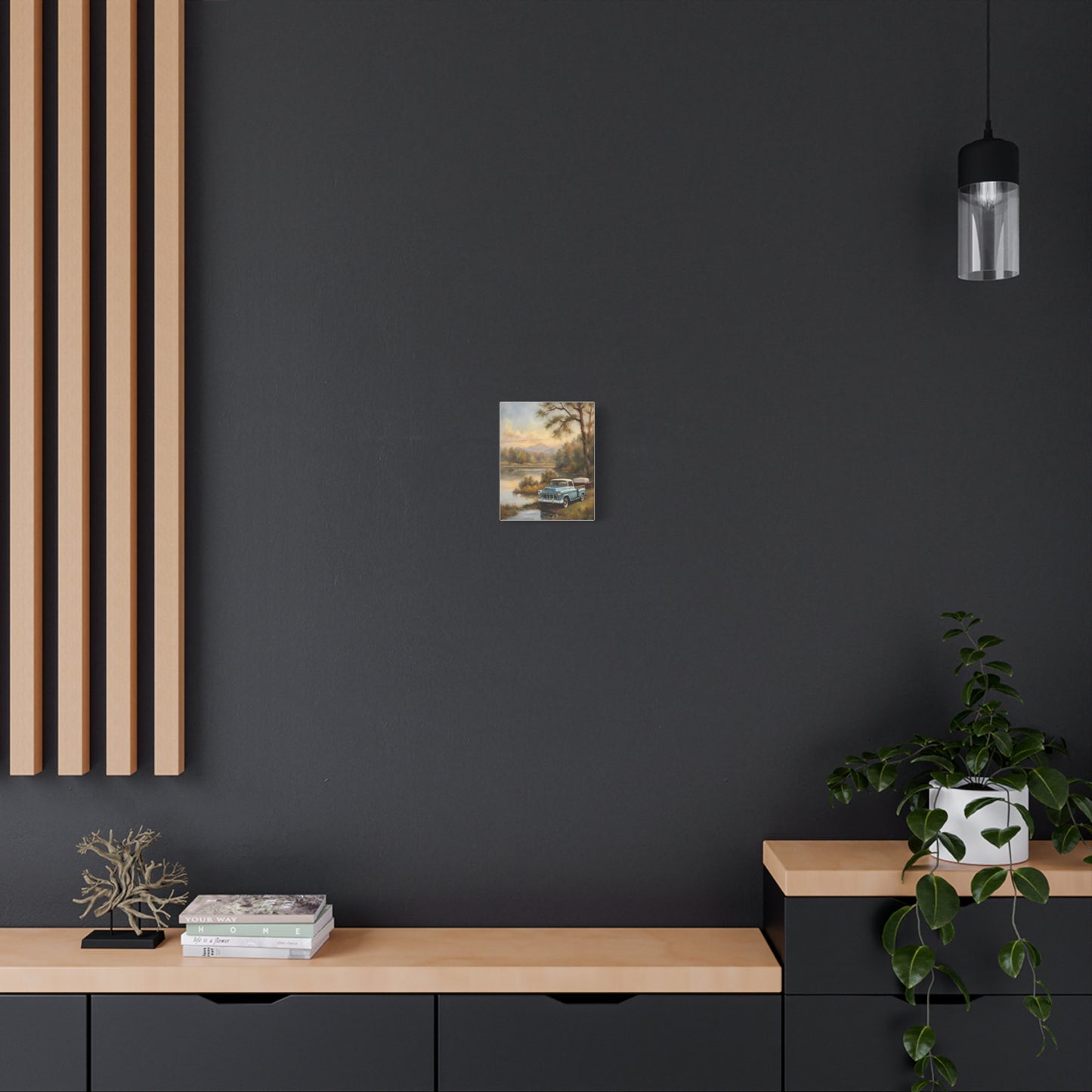 Rustic landscape canvas print displayed on a modern wall with wooden accents and a stylish decor setup