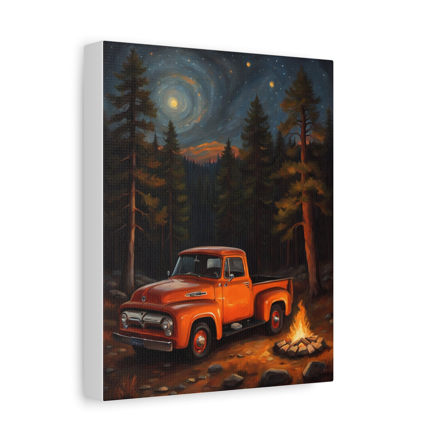 Rustic Truck Canvas Art featuring an orange vintage truck by a campfire in a starry forest scene