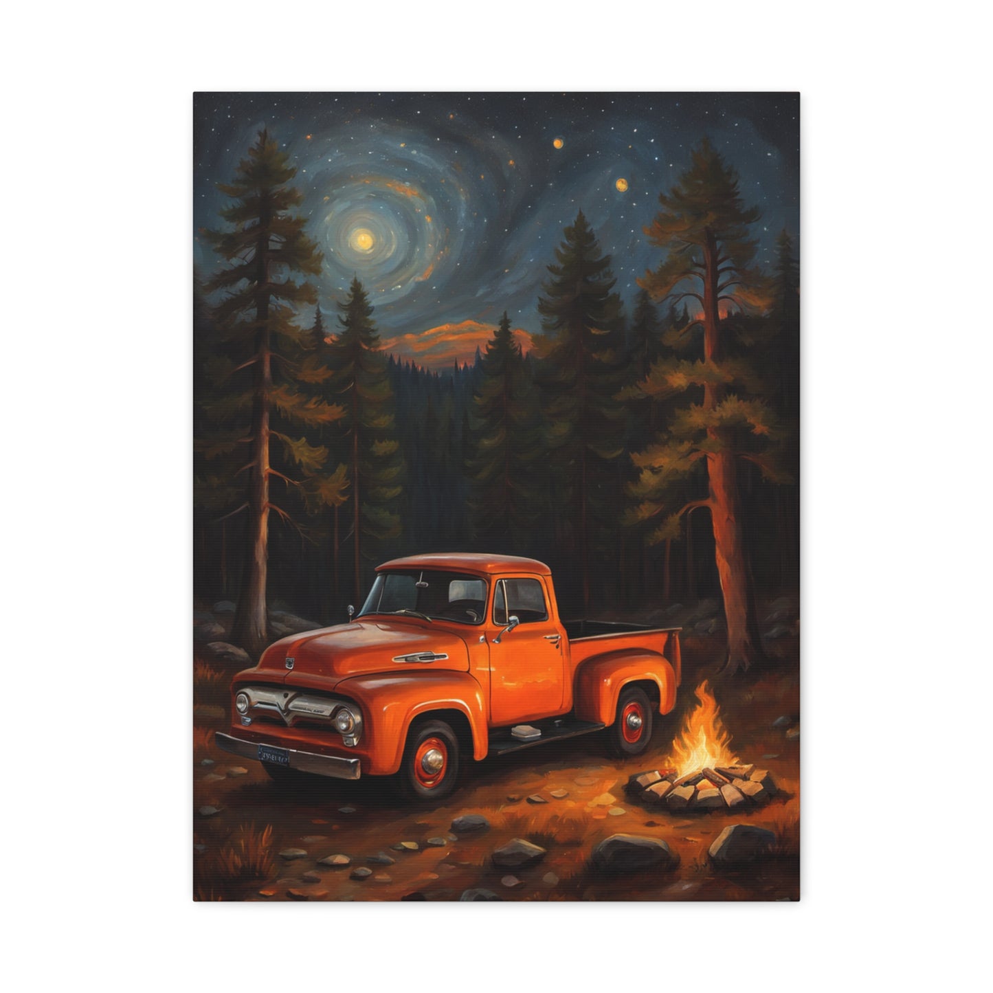 Rustic Truck Canvas Art featuring an orange old truck by a campfire in a forest setting