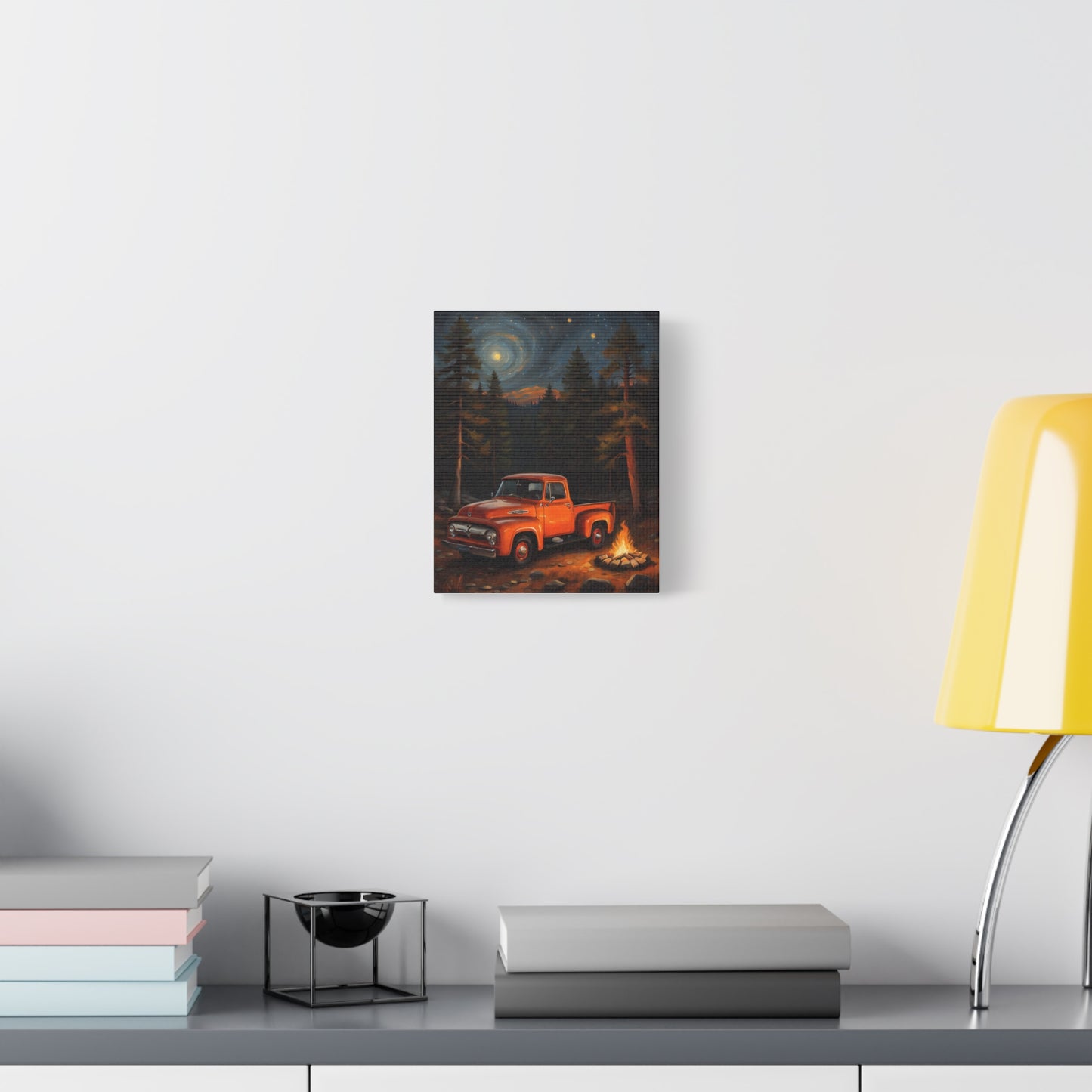Rustic Truck Canvas Art featuring a vintage truck in a forest under a starry night sky