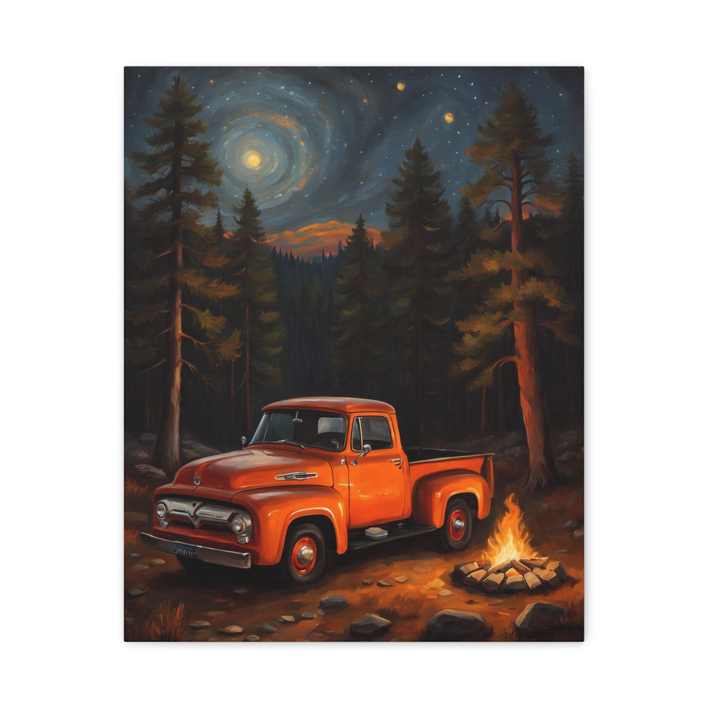 Rustic Truck Canvas Art featuring an orange nostalgic truck near a campfire in a forest setting