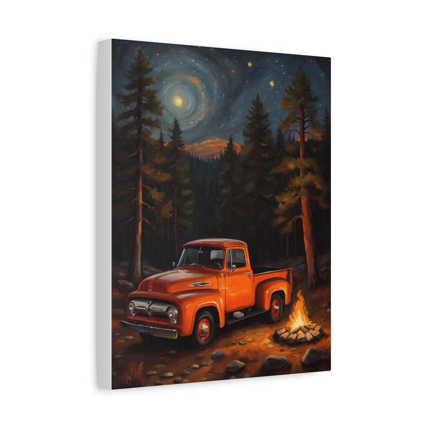 Rustic Truck Canvas Art featuring a vintage orange truck by a campfire in a starry forest