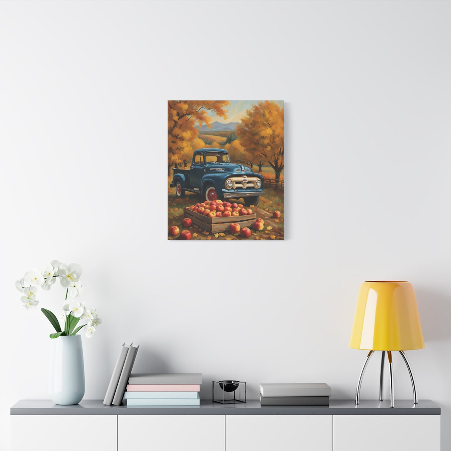 Rustic Truck Canvas Wall Art featuring a vintage blue truck with apples in an autumn setting