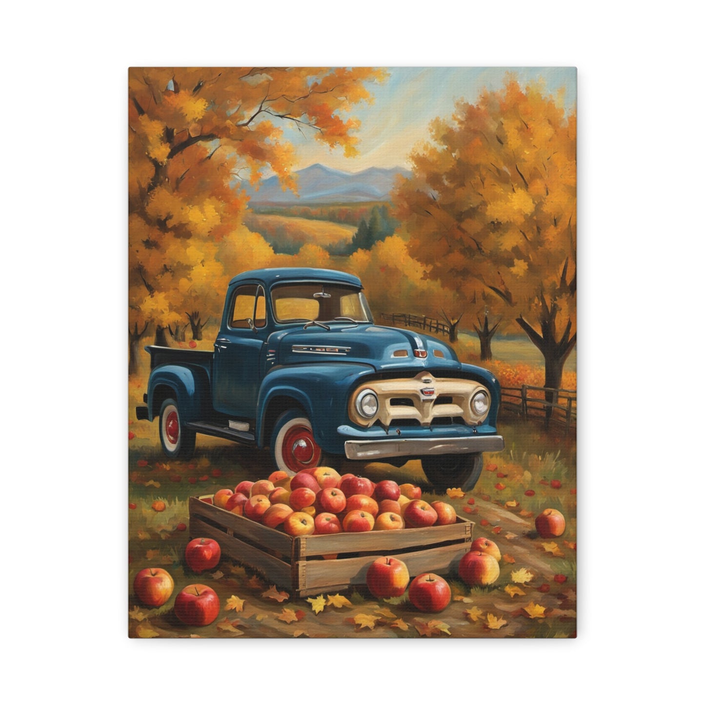 Rustic Truck Canvas Wall Art featuring a blue vintage truck with apples in a scenic autumn landscape