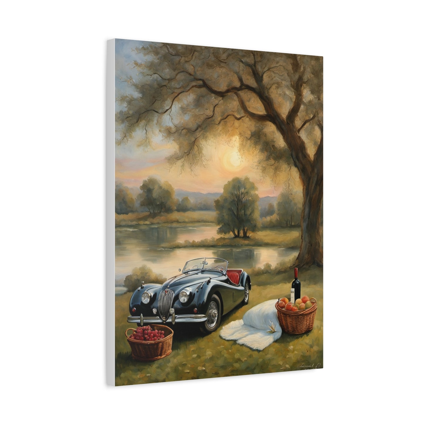 Scenic Car Print featuring a vintage convertible by a serene lake with picnic baskets and sunset.