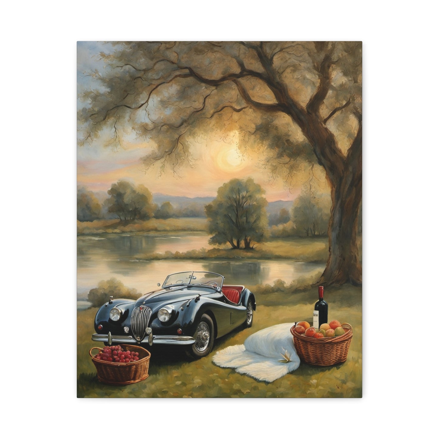 Scenic Car Print featuring a classic car beside a serene lake with picnic baskets and trees