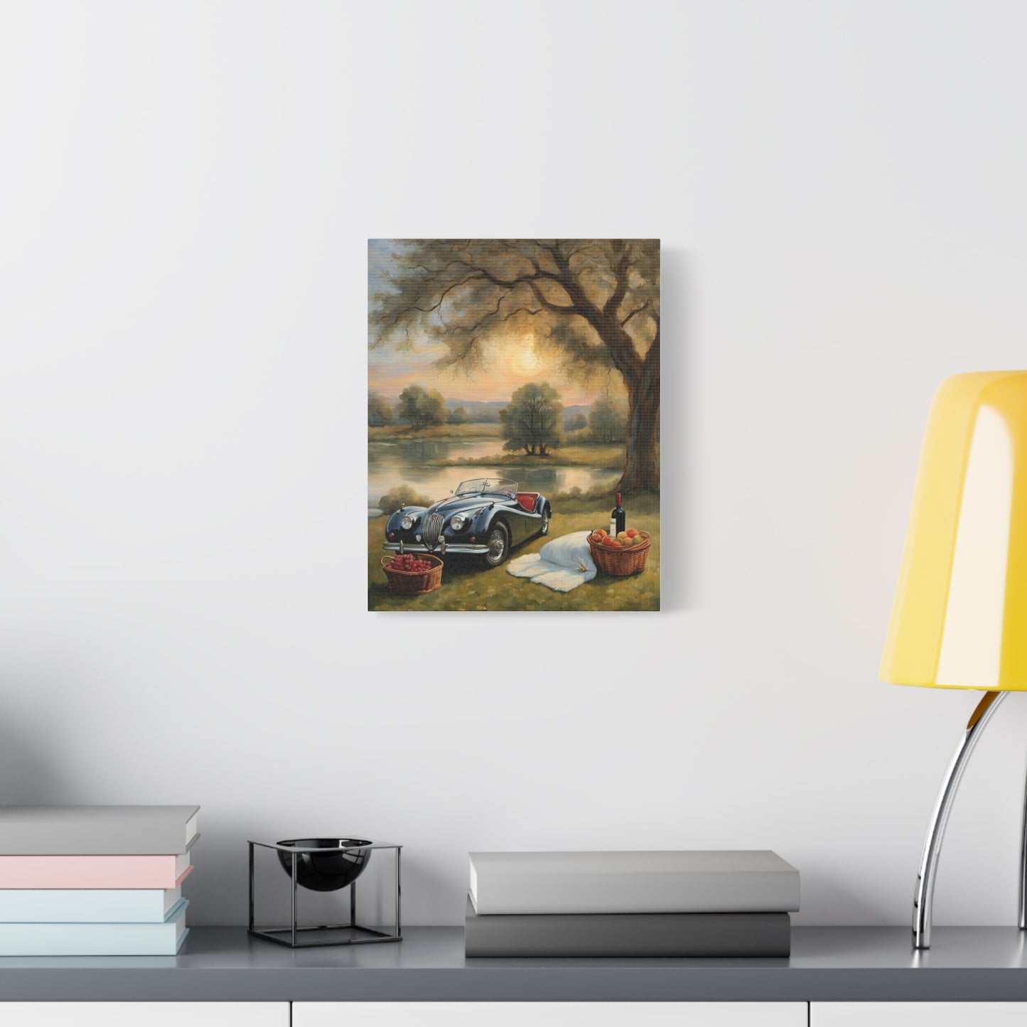 Scenic Car Print featuring a vintage car near a lake with picnic baskets and trees in the background